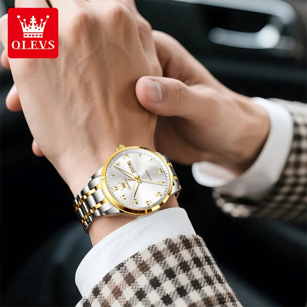 OLEVS 7078 Man Automatic Watch Top Brand Dual Calendar Mechanical Watch For Men Number Scale Business Hand Clock Steel Strap