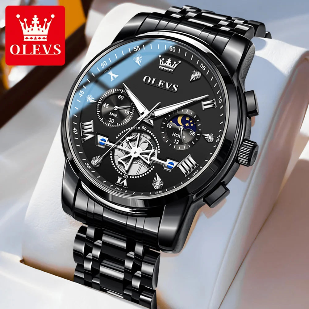 OLEVS 42mm Herrenuhr mit großem Zifferblatt, Mondphase, 24-Stunden-Anzeige, wasserdichte Quarz-Herrenarmbanduhr, Original Luxus Armbanduhr 2856