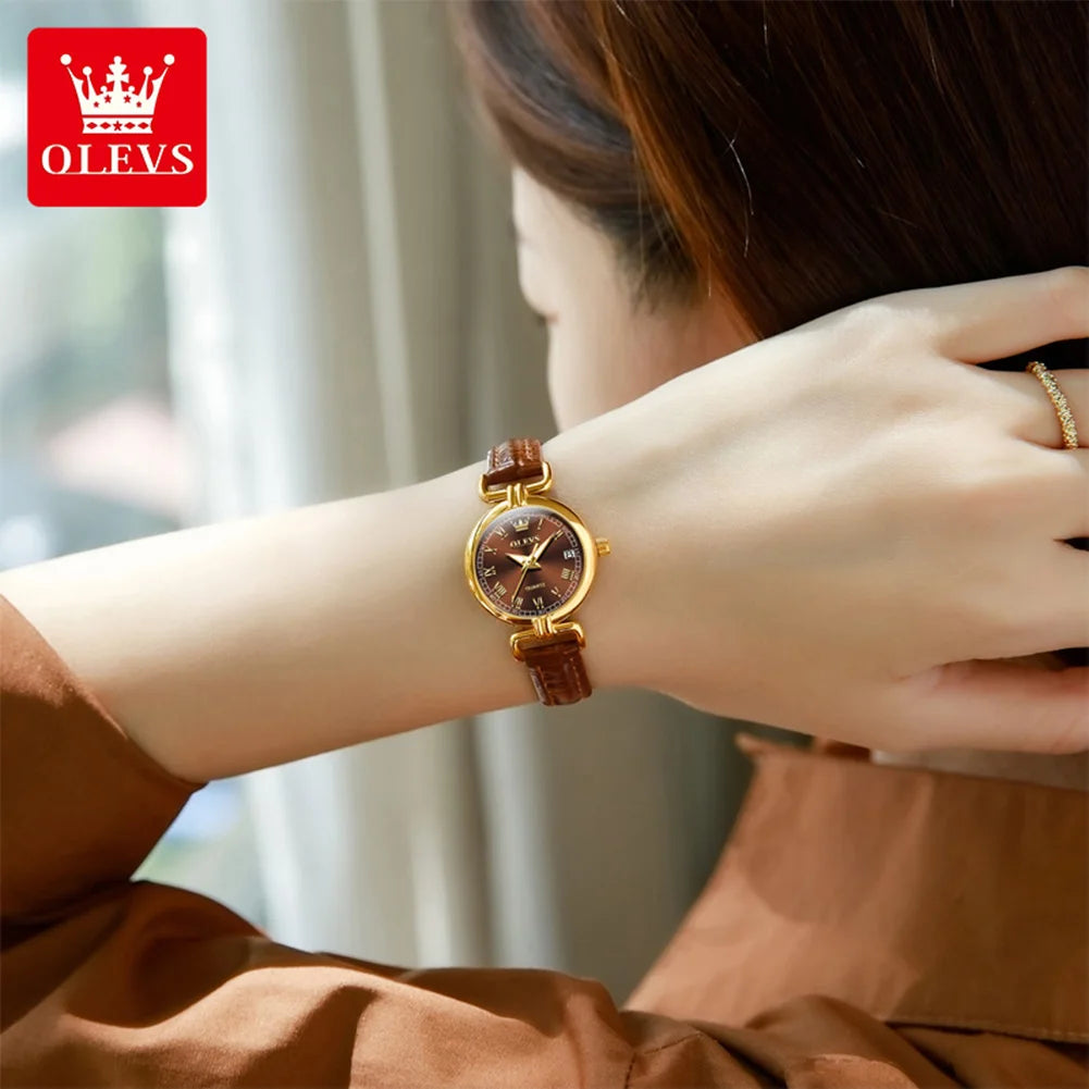 OLEVS 5645 Women's Watch Leather Strap Date Quartz Watch For Women High Hardness Mirror Roman Scale Fashion Ladies Hand Clock