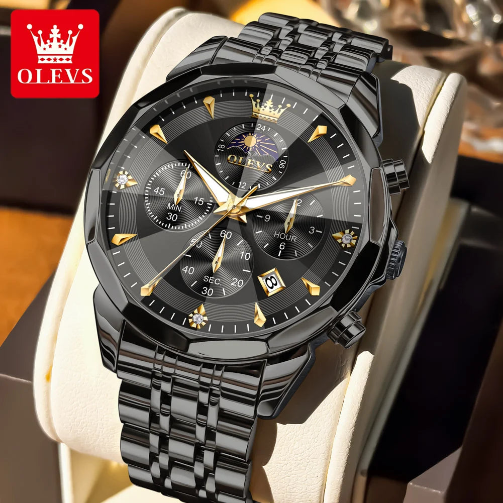 OLEVS 3673 Herrenuhr Mode Chronograph Quarzuhr für Herren 43mm großes Zifferblatt Mondphase Kalender Wasserdicht Original Armbanduhr