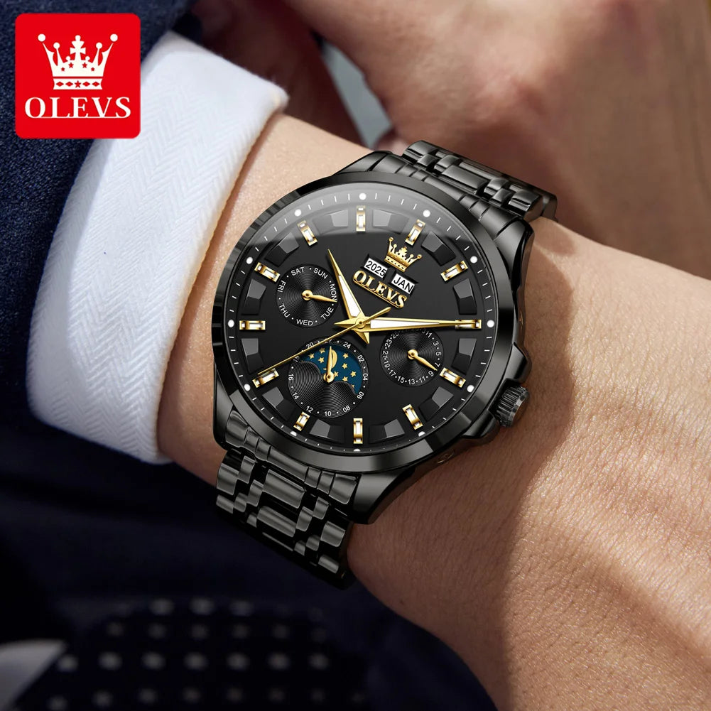 OLEVS 7070 Watch Man Original Mechanical Watch For Men Moon Phase Calendar Waterproof Fashion Automatic Hand Clock Steel Strap