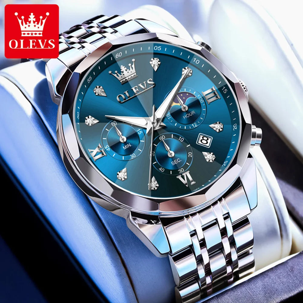 OLEVS 3670 Herrenuhr Mode Datum Mondphase Leuchtende Quarzuhr für Herren Luxus Chronograph Wasserdicht Business-Armbanduhr