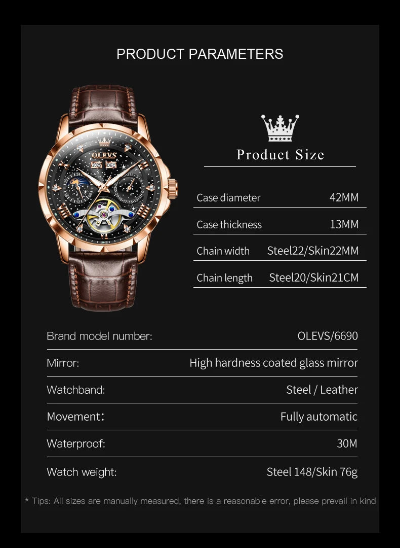 OLEVS 6690 Men's Watch Hollow Fashion Date Mechanical Watch For Men Moon Phase Deep Waterproof Luminous Original Man Hand Clock