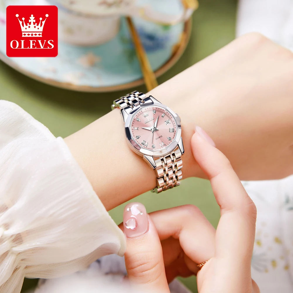 OLEVS 9931 Original Quartz Watches For Woman Rhombus Mirror Waterproof Luminous Stainless Steel Wrist Watches Calendar New