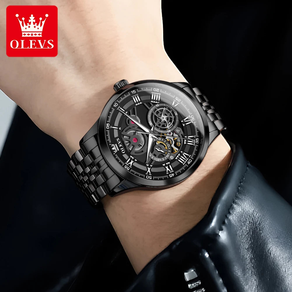 OLEVS 7076 Man Automatic Watch Fashion Hollow Mechanical Watch For Men Waterproof Stainess Steel Strap Roman Scale Hand Clock