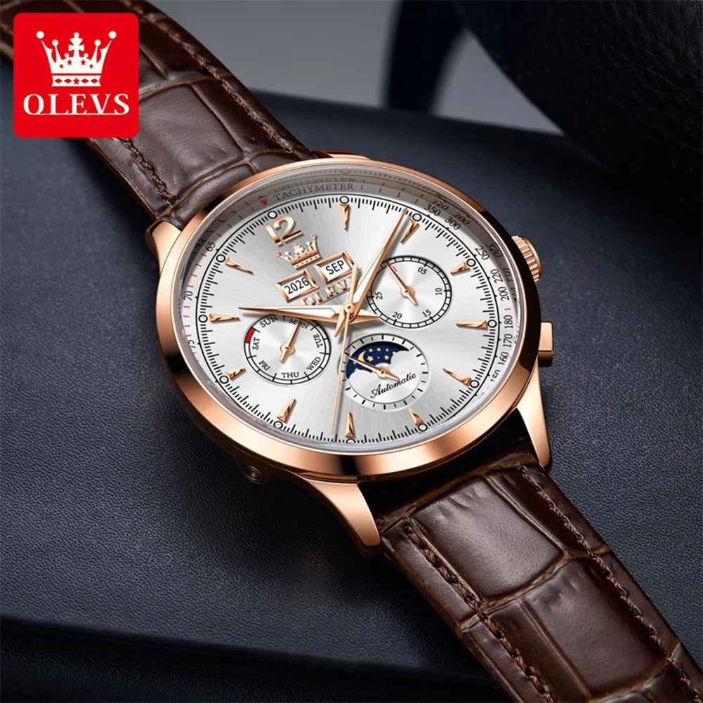 OLEVS 7128 Men's Watch Luxury Classic Automatic Mechanical Wristwatch Waterproof Perpetual Calendar Moon Phase Watches For Men