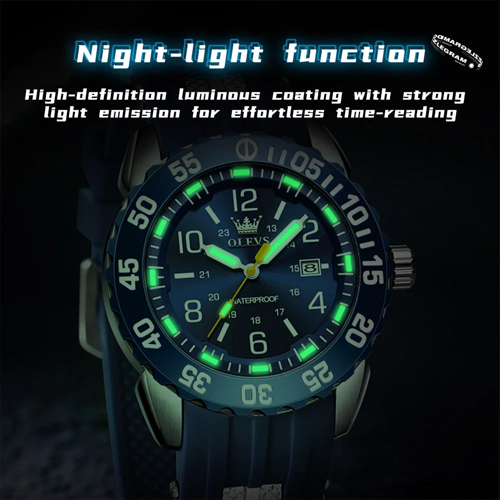 OLEVS 3688 Neue Herrenuhr Wasserdichte Quarzuhr für Herren Hochhärte-Spiegel Leuchtende Original Herren-Armbanduhr Silikonarmband