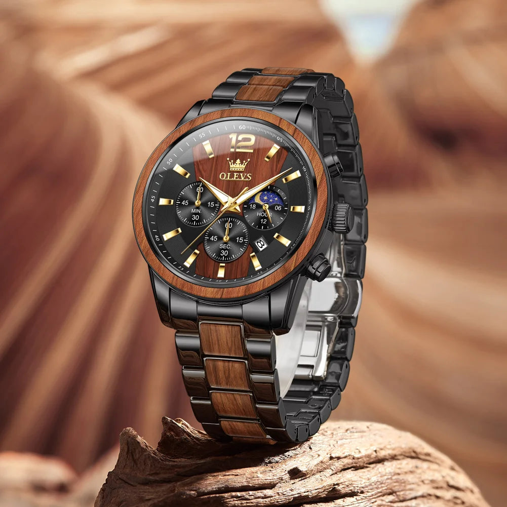 OLEVS 3645 Quarzuhr für Herren, modischer Chronograph, Stahl-Holz, 44 mm, großes Zifferblatt, Zeigeruhr, Mondphase, wasserdicht, leuchtende Herrenuhr
