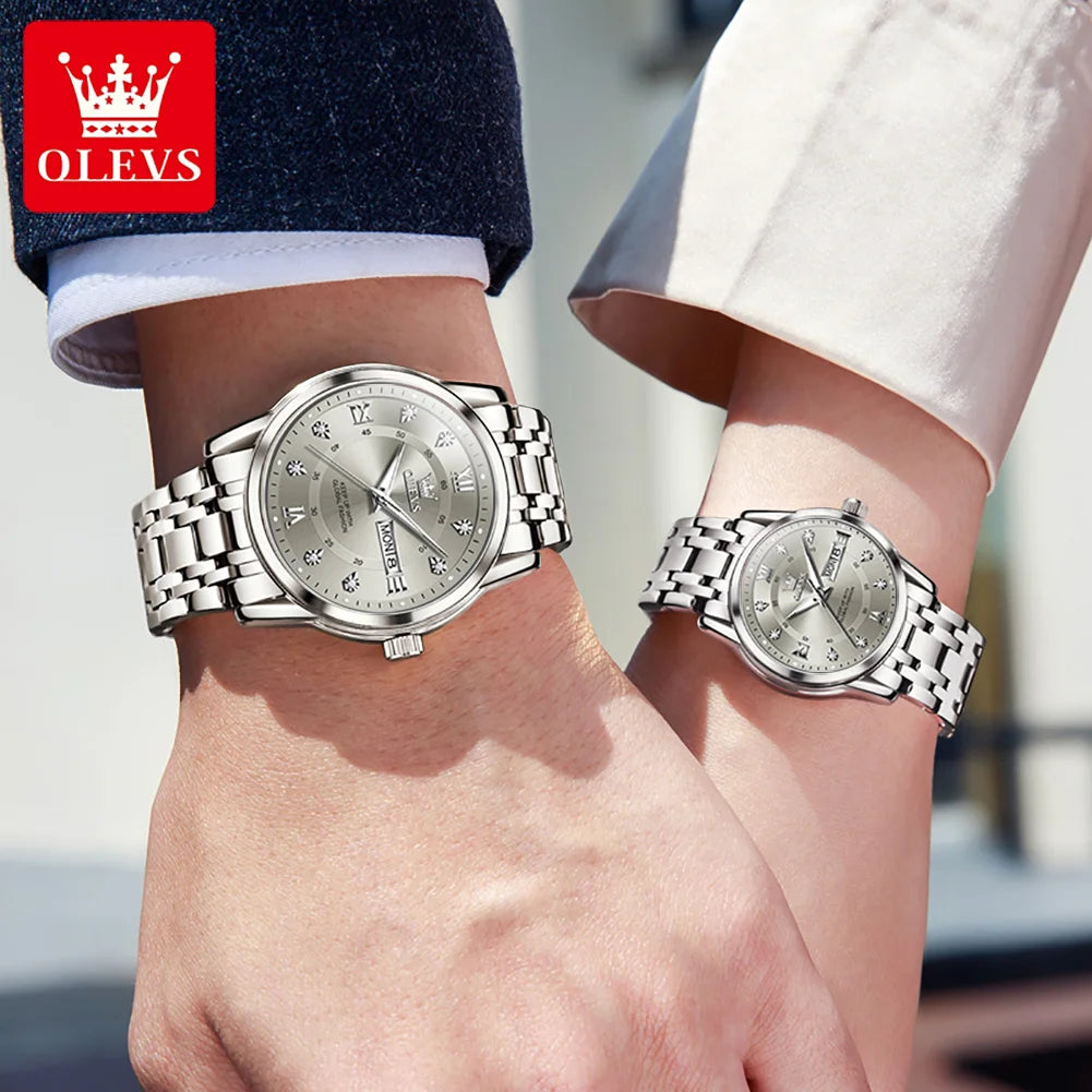OLEVS 5513 Paar Uhren Luxus Dual-Kalender Quarzuhren für Männer Frauen Original Wasserdicht Leuchtende Diamant-Skala Zeigeruhr