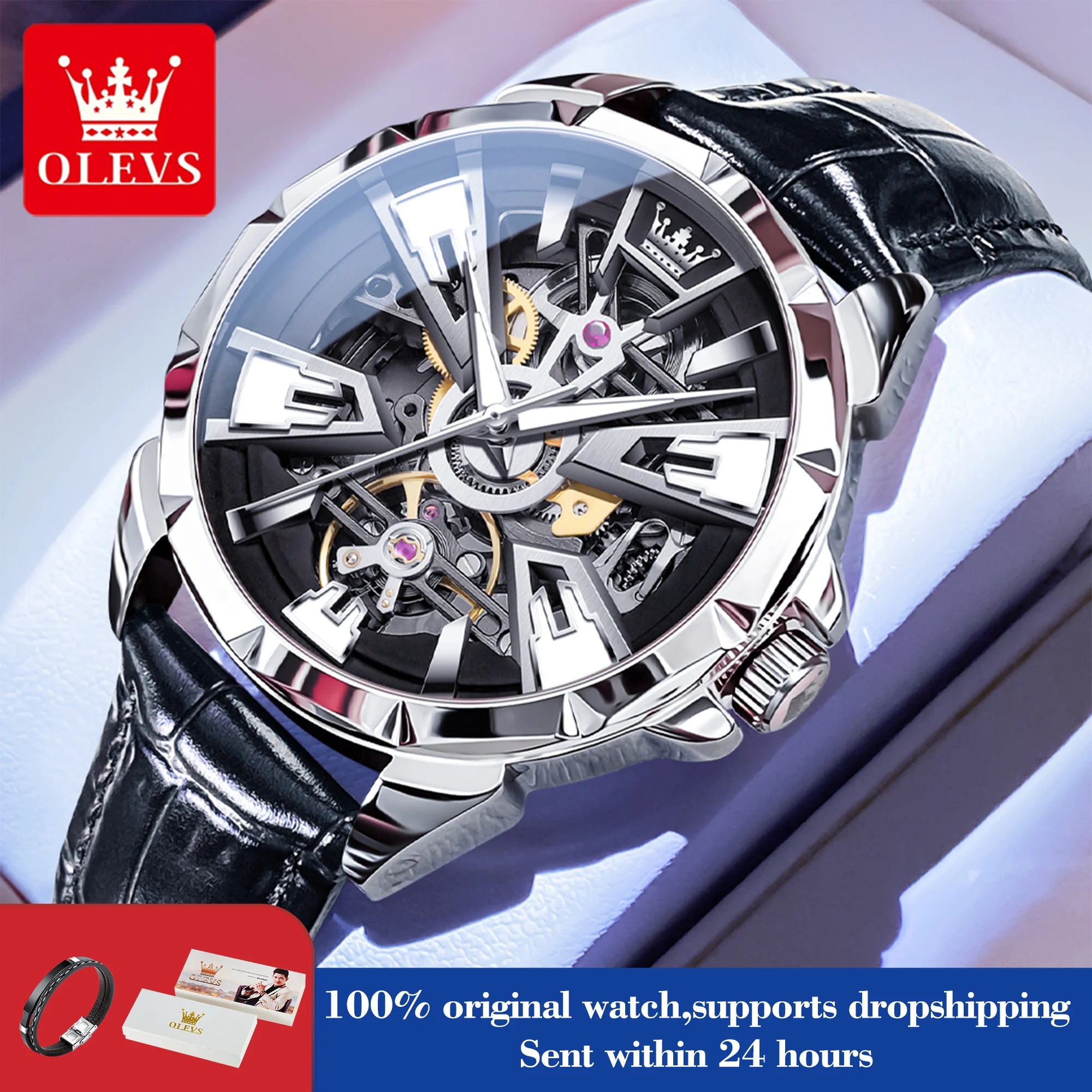 OLEVS 7051 Watch For Men Fashion Hollow Automatic Mechanical Male Hand Clock Waterproof Luminous Original Sport Man Watches