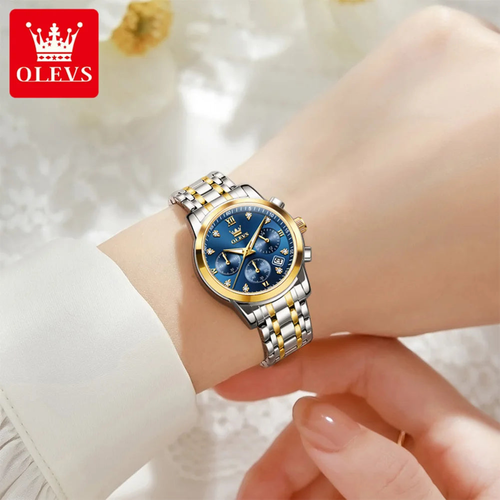 OLEVS 2858 Damenuhr Luxus Wasserdichte Datumsquarzuhr für Damen Diamantskala Chronograph Business Handuhr Stahlarmband