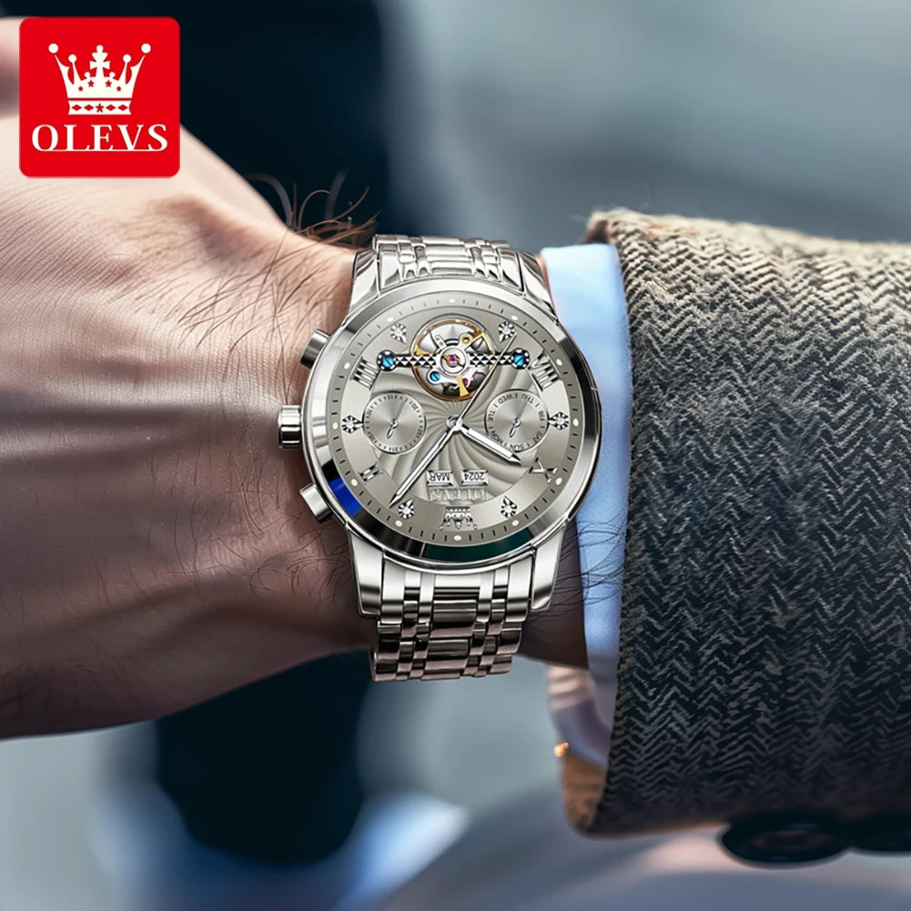 OLEVS 7088 Men's Watch Fashion Calendar Mechanical Watch For Men Original Hollow Steel Strap Business Wristwatch Deep Waterproof