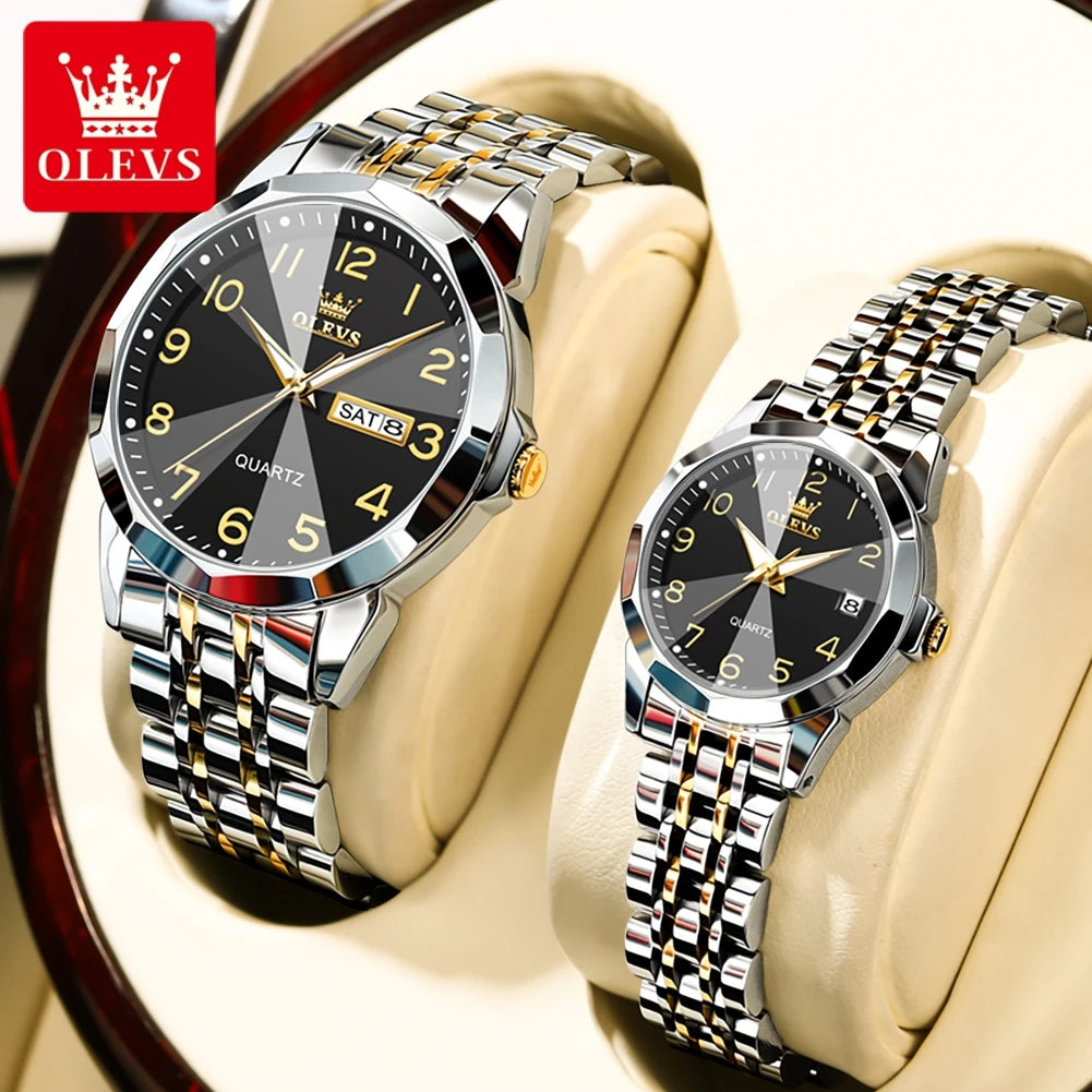 OLEVS 9970 Couple Watch For Men Women Luxury Number Dial Rhombus Mirror Quartz Hand Clock Stainless Steel Original Dress Watches