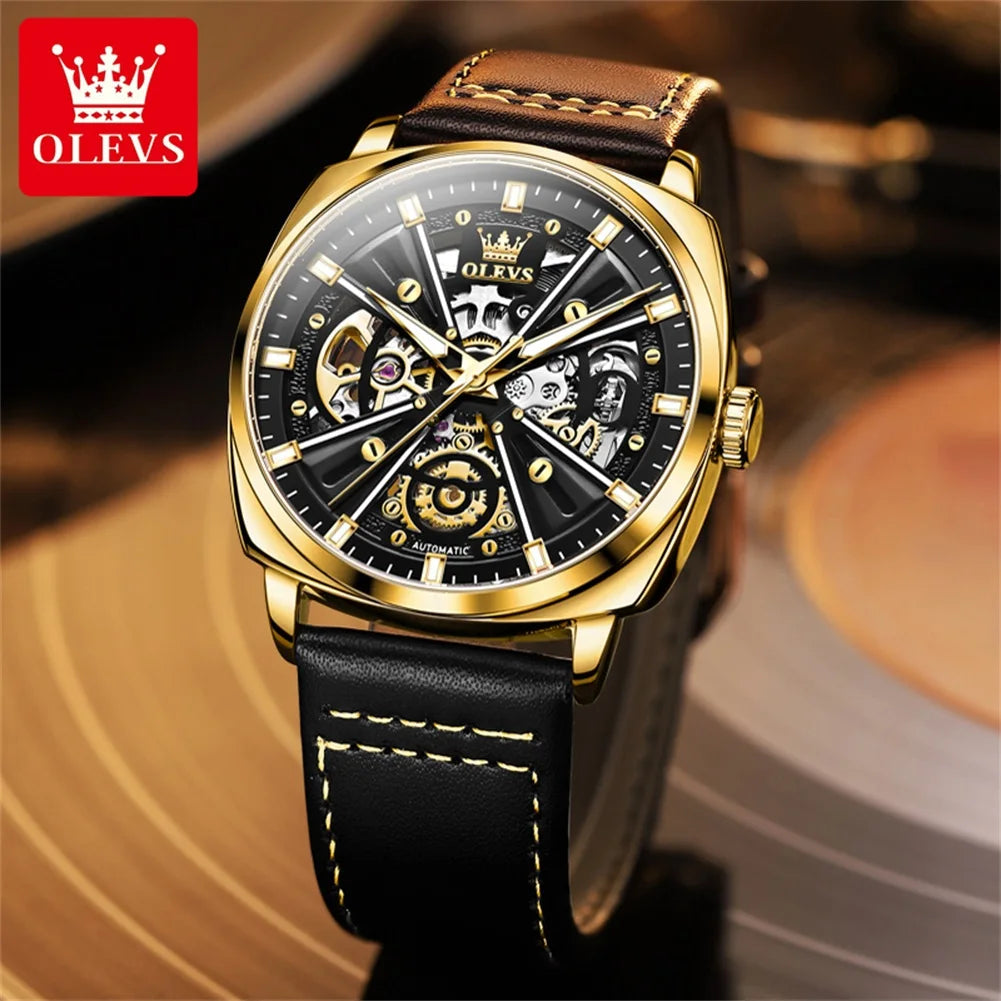 OLEVS 6685 Automatic Watch For Men Original Hollow Skeleton Mechanical Man Watches Top Brand Waterproof Leather Male Hand Clock