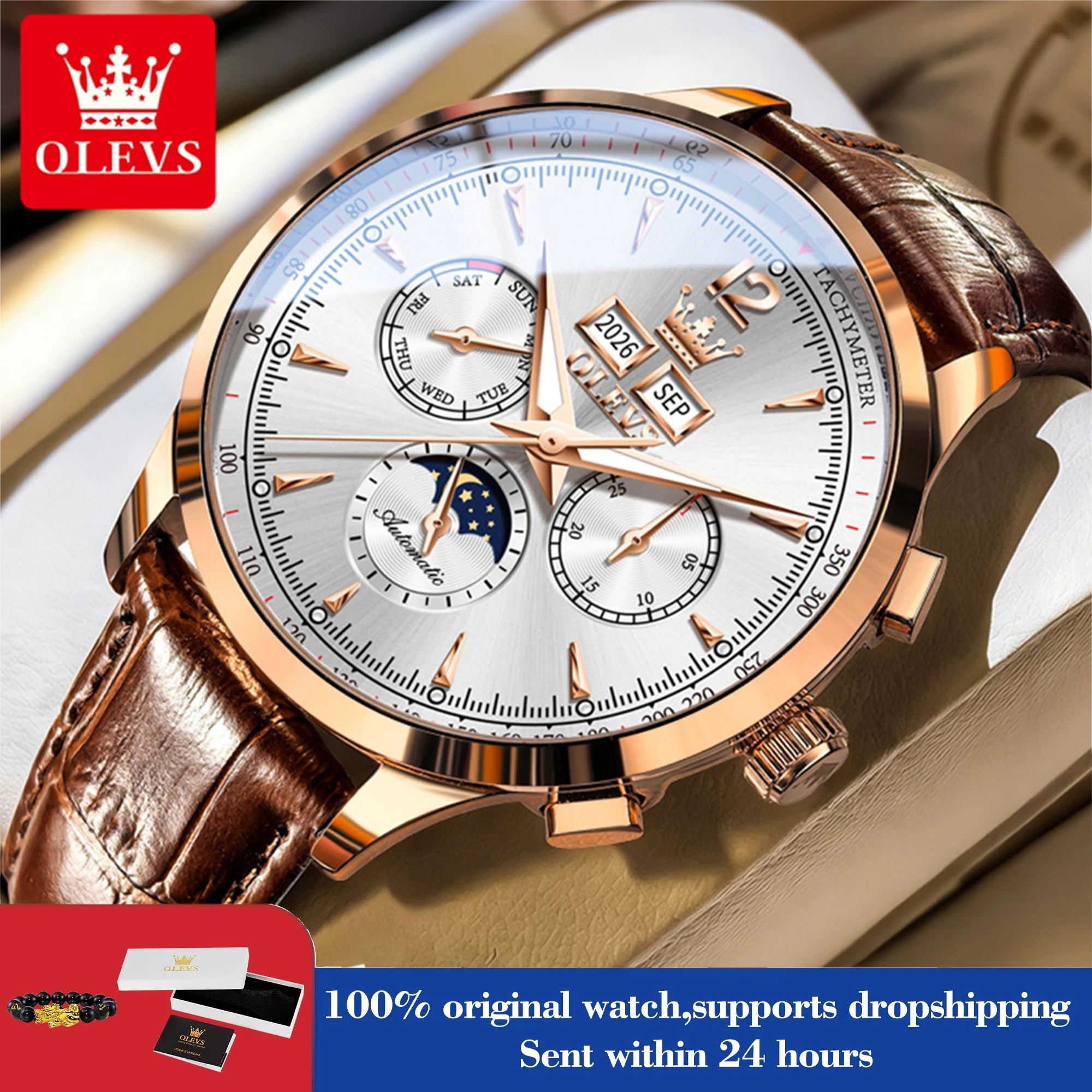 OLEVS 7128 Men's Watch Luxury Classic Automatic Mechanical Wristwatch Waterproof Perpetual Calendar Moon Phase Watches For Men