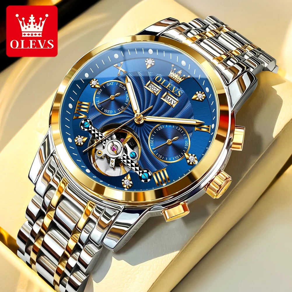 OLEVS 7088 Men's Watch Fashion Calendar Mechanical Watch For Men Original Hollow Steel Strap Business Wristwatch Deep Waterproof