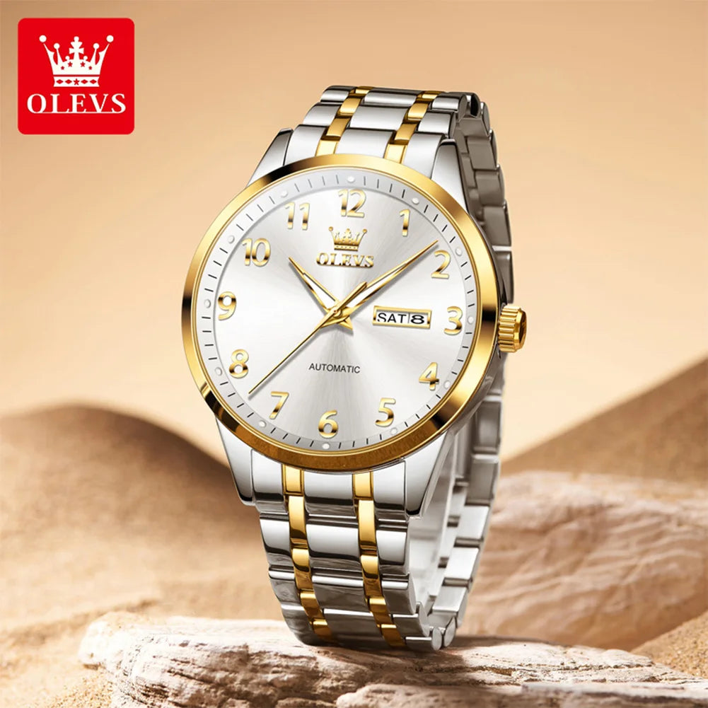 OLEVS 7078 Man Automatic Watch Top Brand Dual Calendar Mechanical Watch For Men Number Scale Business Hand Clock Steel Strap