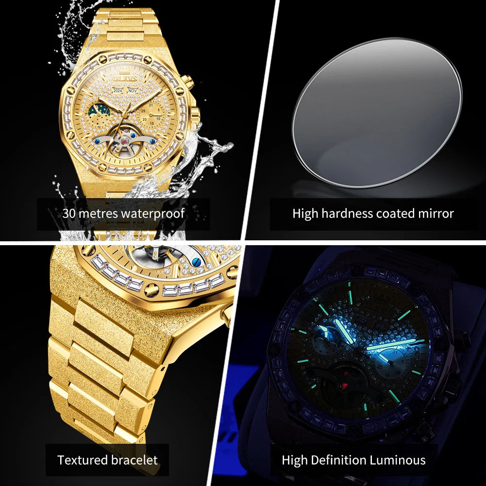 OLEVS 9805 Men Watch Luxury Classic Hollow Skeleton Diamond Waterproof Man Hand Clock Moon Phase Date Mechanical Watch For Men