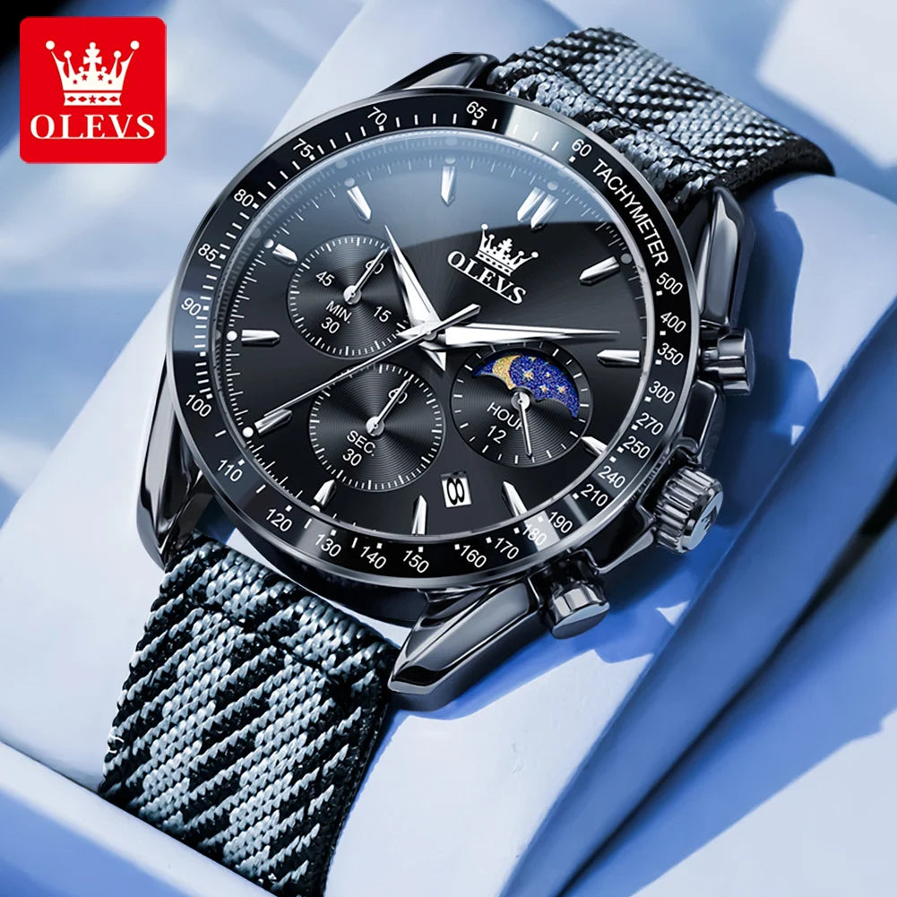 OLEVS 3630 Quarz Herrenuhr Datum Chronograph 24-Stunden-Mondphase Wasserdichte Uhr für Herren Mode Nylonarmband Original Armbanduhr