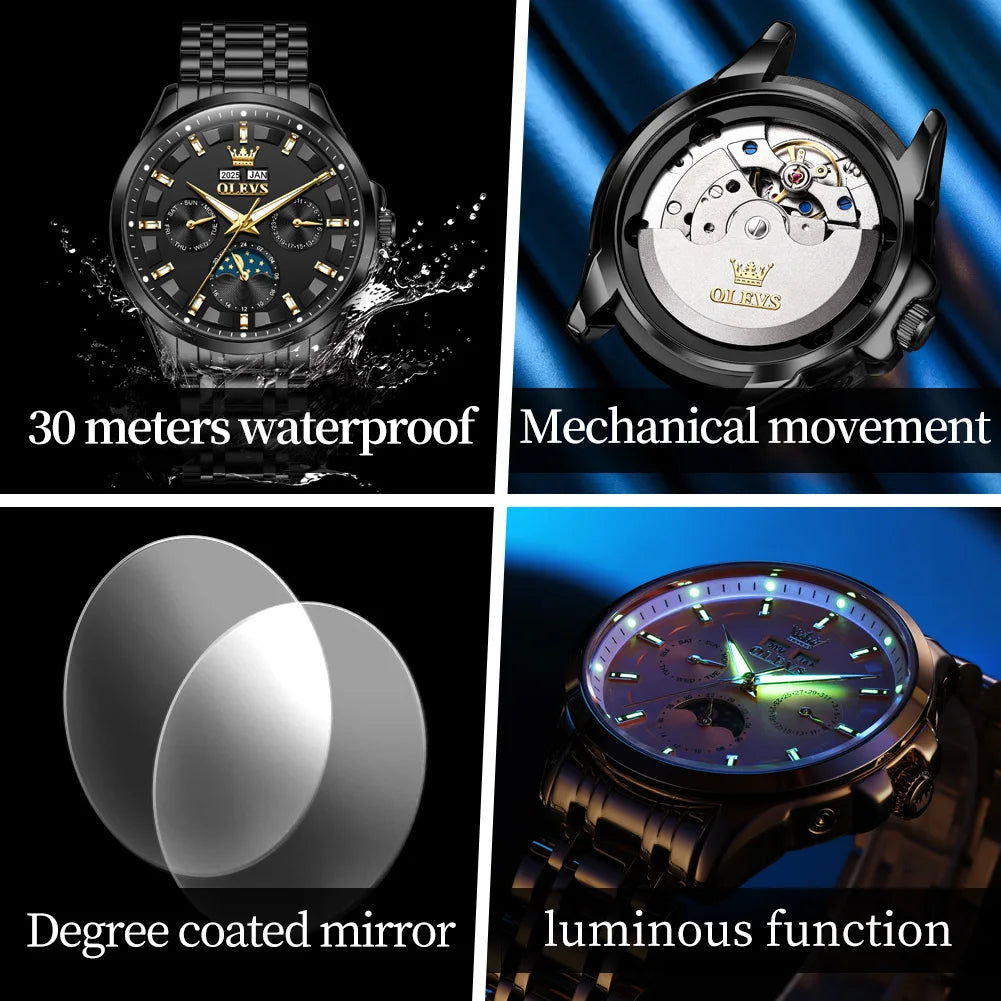 OLEVS 7070 Watch Man Original Mechanical Watch For Men Moon Phase Calendar Waterproof Fashion Automatic Hand Clock Steel Strap