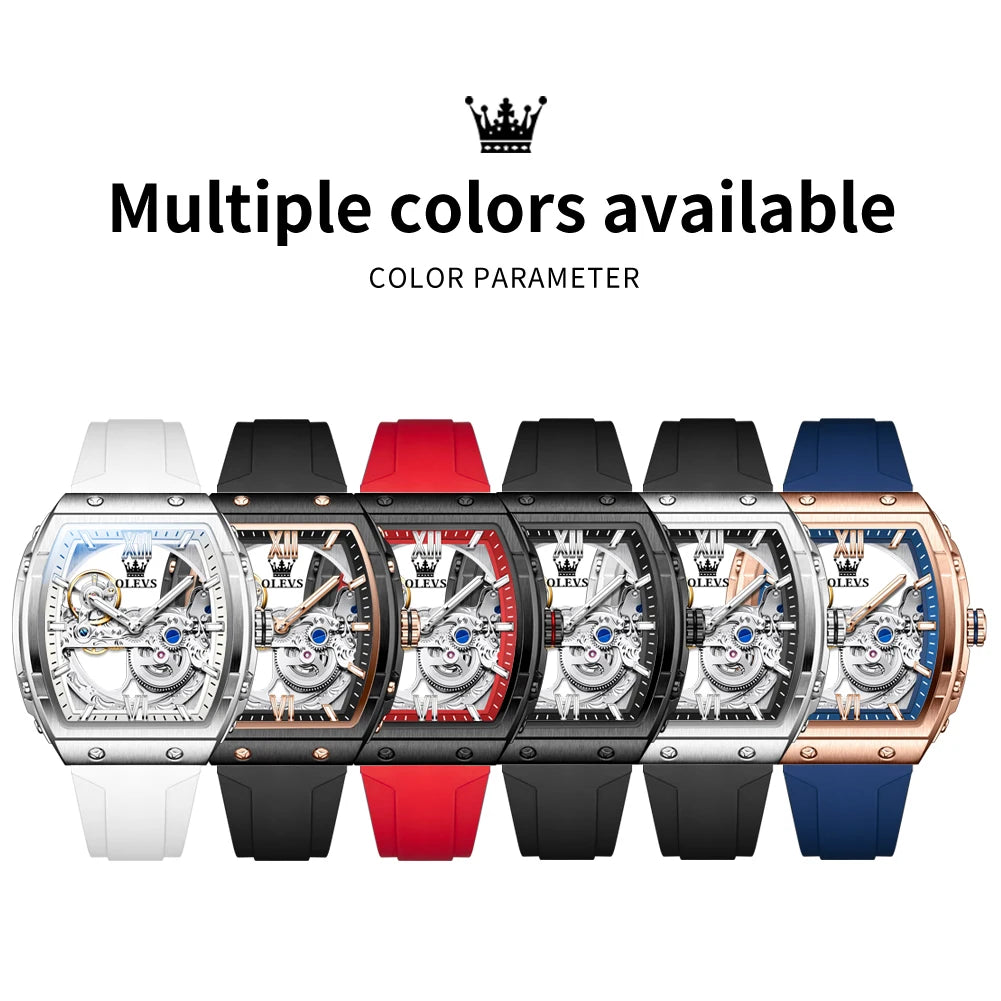 OLEVS 6779 Man Watch Skeleton Luxury Tonneau Mechanical Watches For Men Waterproof Silicone Strap Automatic Hand Clock Gifts Box