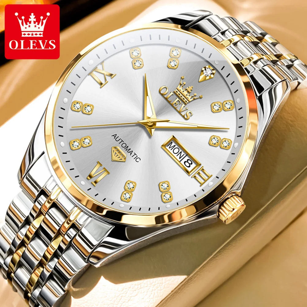 OLEVS 9801 Men Watch Waterproof Dual Calendar Luxury Mechanical Watch For Men Diamond Scale Stainless Steel Automatic Hand Clock