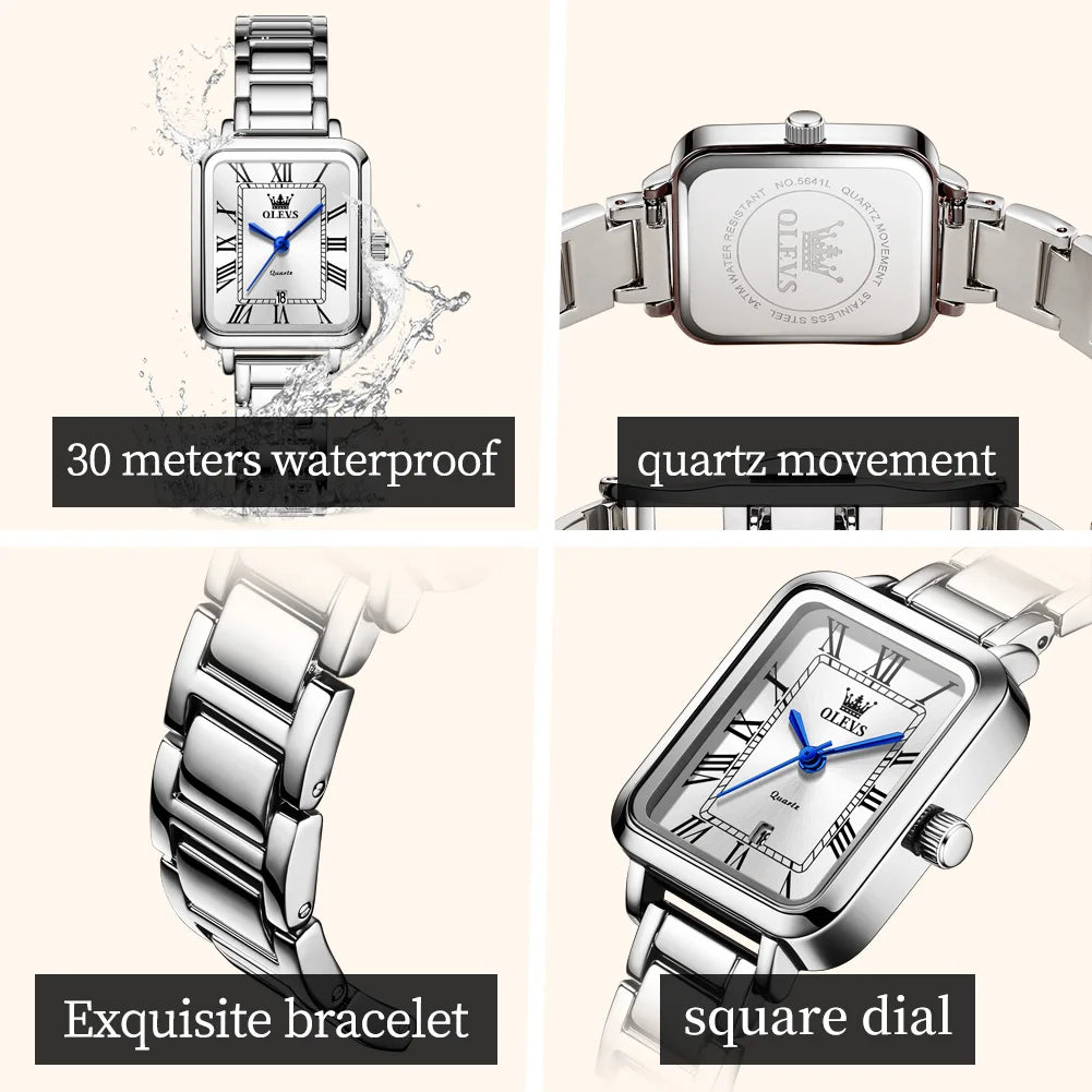 OLEVS 5641 Woman Quartz Watch Thin Case Roman Scale Waterproof Watch For Women Steel Strap Original Calendar Classic Hand Clock