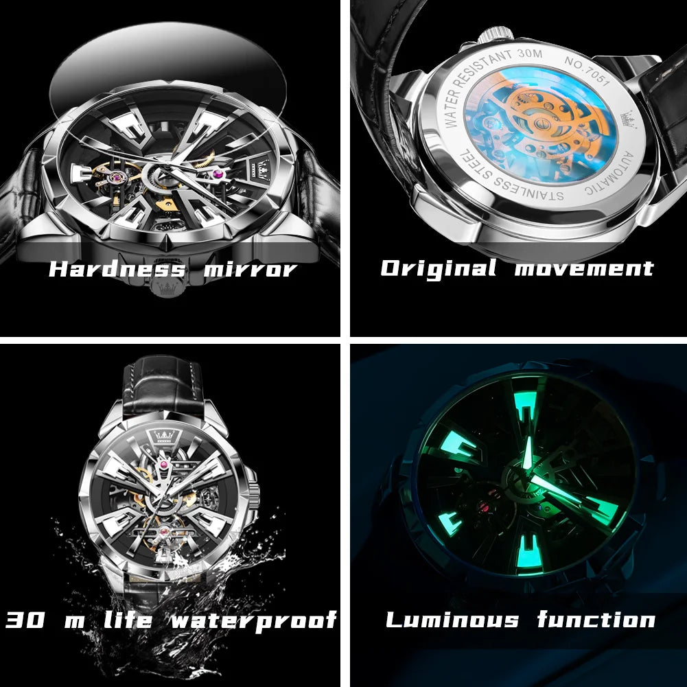 OLEVS 7051 Watch For Men Fashion Hollow Automatic Mechanical Male Hand Clock Waterproof Luminous Original Sport Man Watches