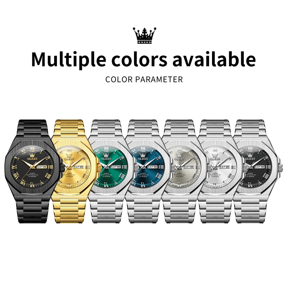 OLEVS 3727 Mens Watches Waterproof Luminous Week Date Quartz Watches Stainless Steel Luxury Watches For Men High Quality Reloj