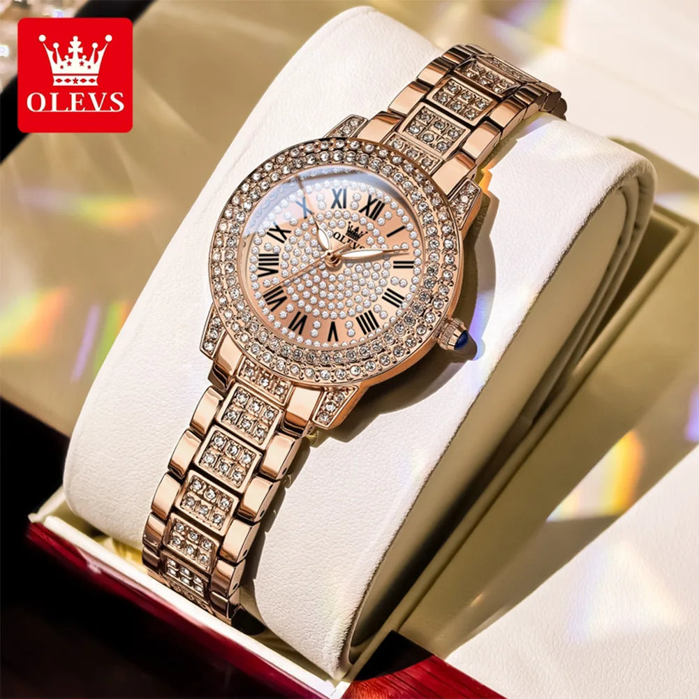 OLEVS Kadın Saatleri Lüks Orijinal Kuvars Bayan Kol Saati Su Geçirmez Rose Gold Çelik Kordon Romen Kadranlı Kadın Saati 9943