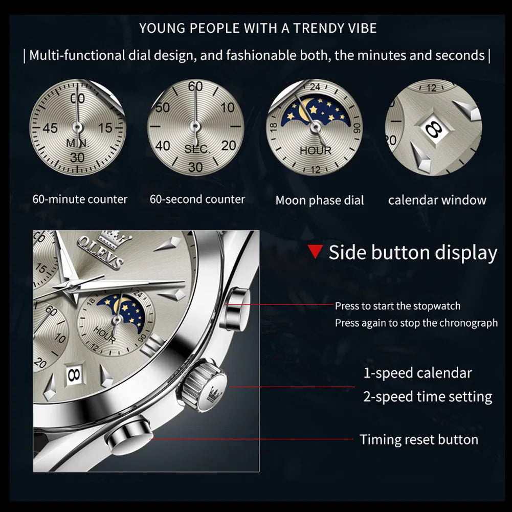 OLEVS 3609 Armbanduhr für Herren, modisch, Kalender, wasserdicht, leuchtend, für Herren, Chronograph, Mondphase, Quarz, Business-Herrenuhren