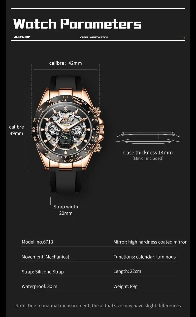 OLEVS 6713 Man Watch Hollow Moon Phase Mechanical Watch For Men Week Calendar Silicone Strap Automatic Hand Clock Waterproof