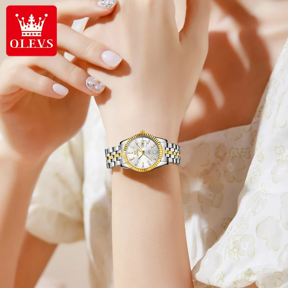 OLEVS 5593 Quarz Damenuhr Top Marke Original Uhr für Frauen Wasserdicht Leuchtend Luxus Kalender Edelstahl Zeigeruhr
