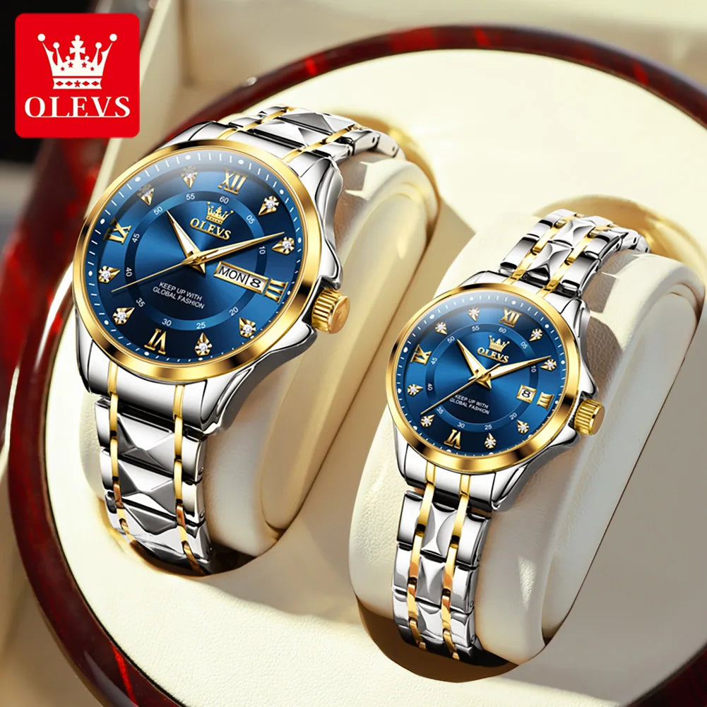 OLEVS 2906 Paar-Armbanduhr Original Römisches Zifferblatt Diamantenbesatz Luxus Quarz Uhr Für Herren Damen Rhombus Armband Wasserdicht Zeigeruhr