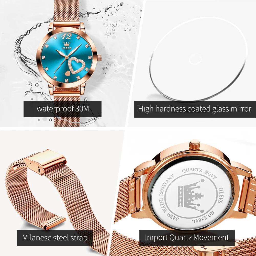 OLEVS 5189 Damenuhr Luxus Ultr dünne Quarzuhr Damen Mesh-Stahlarmband Herzförmiges Zifferblatt Wasserdichte Damenuhr