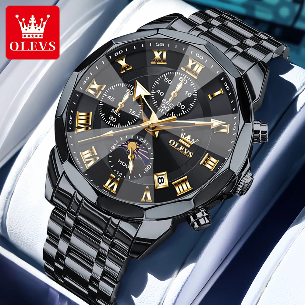 OLEVS 3675 Uhr für Herren, römische Ziffern, luxuriöses Rhombus-Spiegel-Chronograph, Herren-Armbanduhr, Mondphase, Datum, wasserdichte Quarzuhr