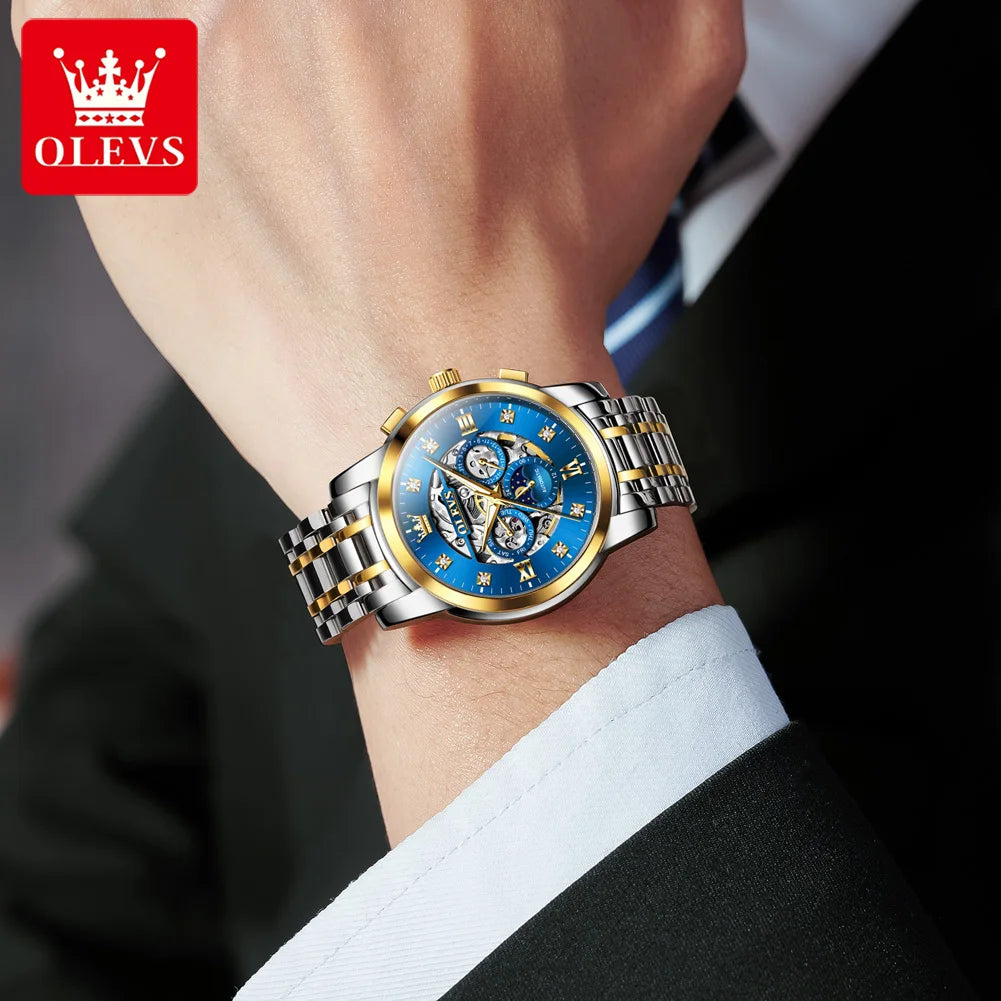 OLEVS 6721 Watch For Men Moon Phase Original Mechanical Man Watch Hollow Skeleton Auto Date Waterproof Diamond Scale Hand Clock