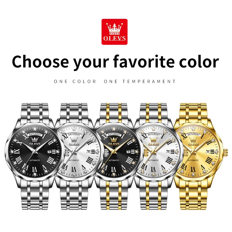OLEVS 6780 Luxury Business Men's Automatic Mechanical Watch Roman Numerals Dual Calendar Watches Waterproof Stainless Steel