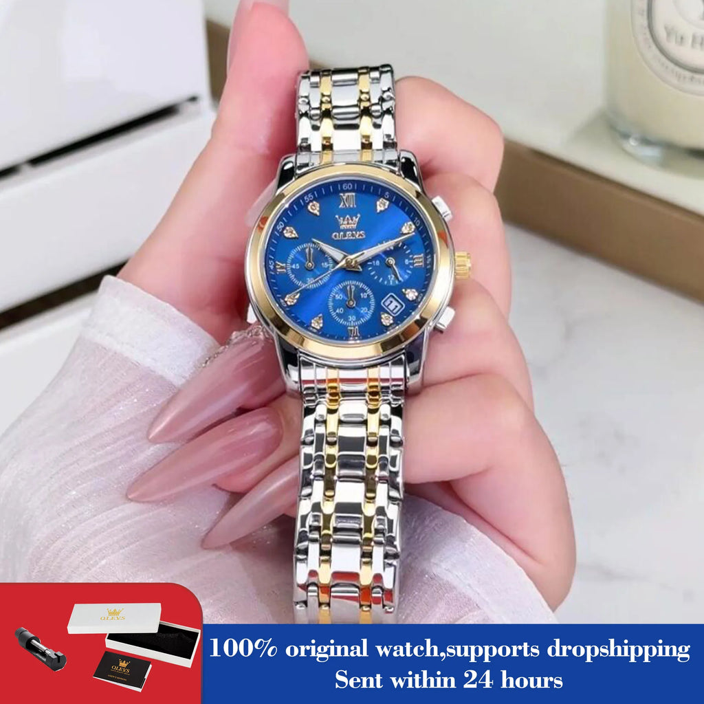 OLEVS 2858 Damenuhr Luxus Wasserdichte Datumsquarzuhr für Damen Diamantskala Chronograph Business Handuhr Stahlarmband