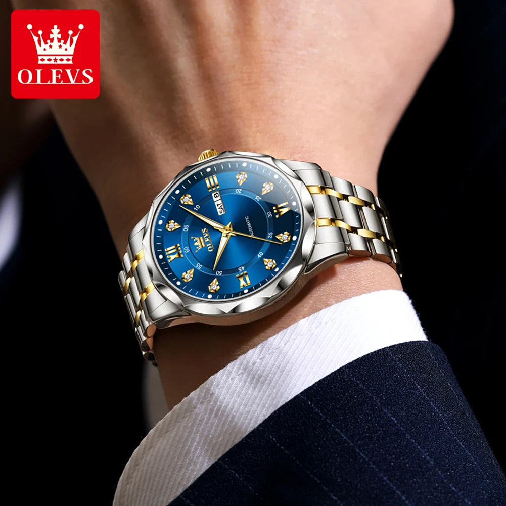 OLEVS 6727 Men Automatic Watch Luxury Dual Calendar Mechanical Watch For Men Zircon Scale Steel Strap Waterproof Man Hand Clock