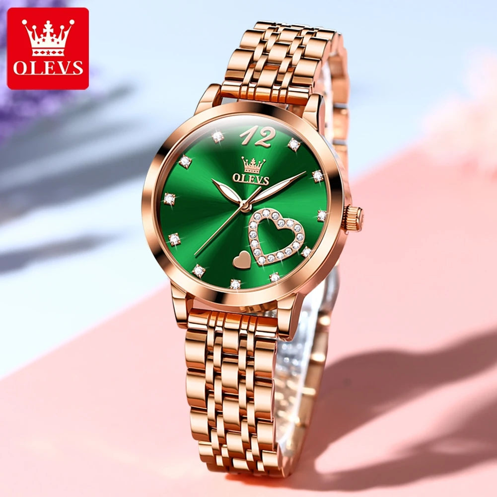 OLEVS 5189 Damenuhren Luxus Wasserdichte Quarzuhr für Damen Leuchtende Edelstahl Herzform Einfaches Zifferblatt Zeiger Uhr