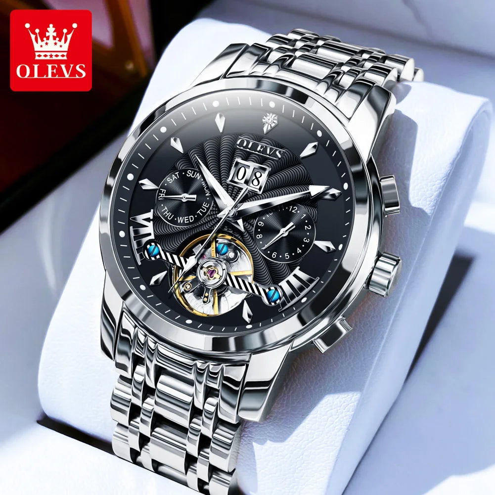 OLEVS 9965 Automatic Watch For Men Skeleton Flywheel Waterproof Men's Watches Week Calendar Luxury Man Mechanical Wristwatch