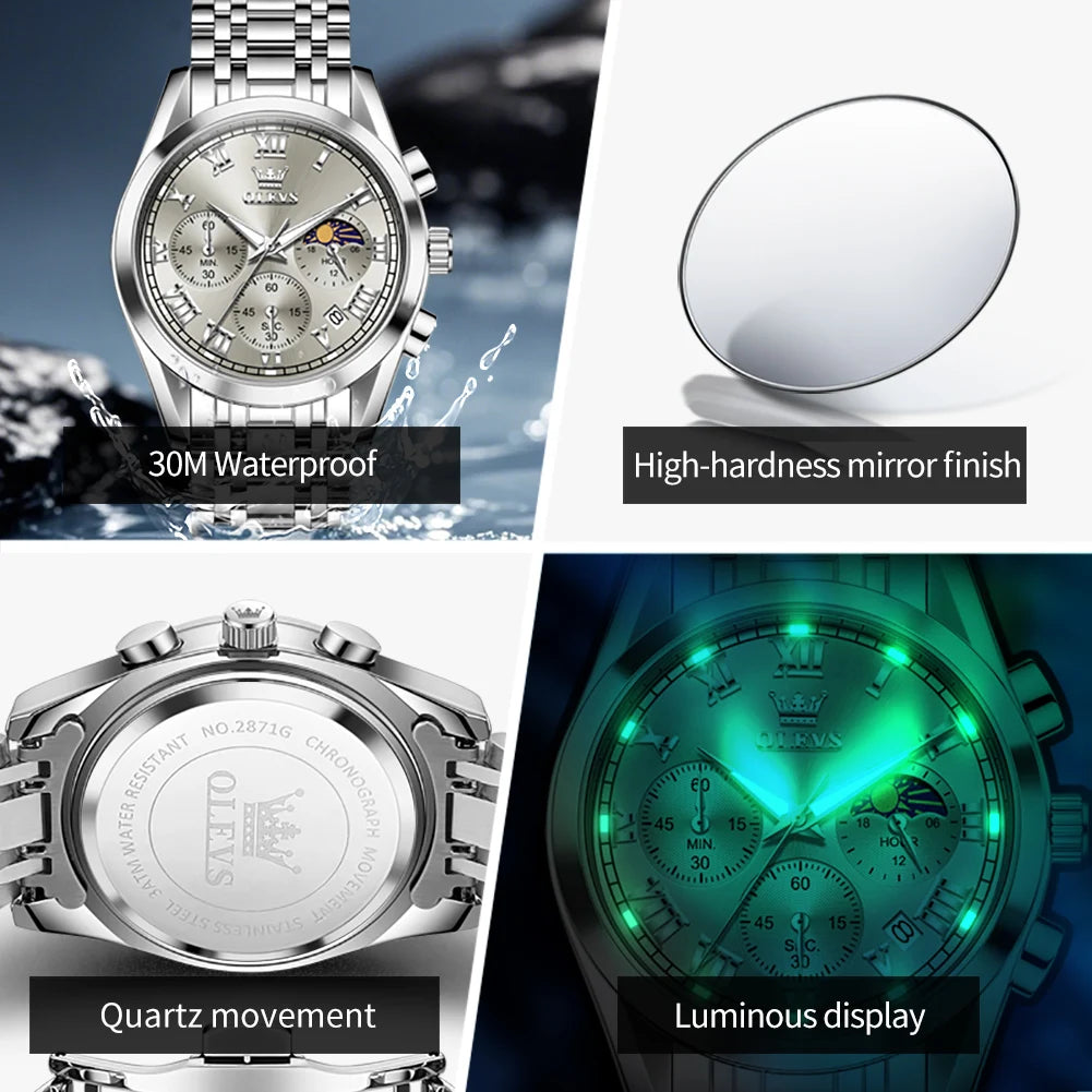 OLEVS 2871 Herrenuhr Original Kalender Mondphase Quarzuhr 30M Wasserdicht Edelstahl Herrenarmbanduhr Uhren für Herren