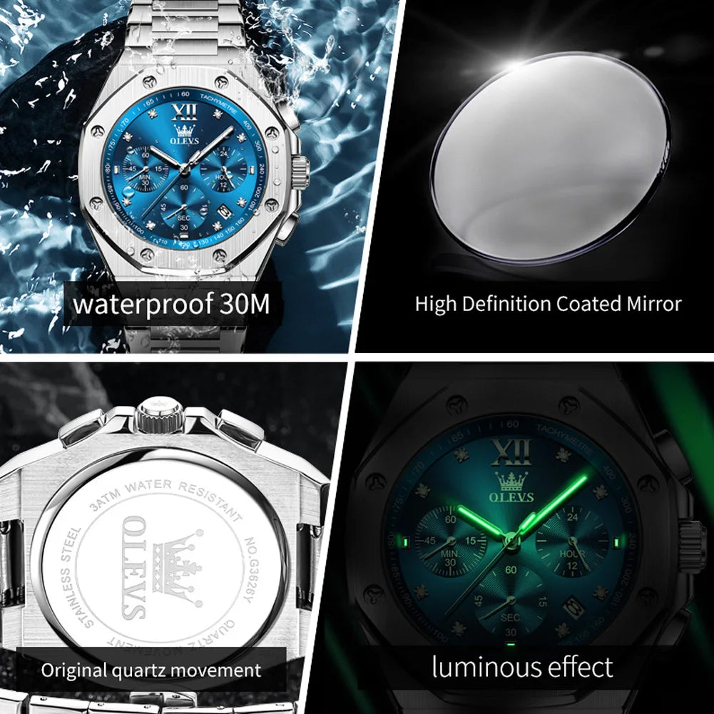OLEVS 3626 Herrenuhr Mode Chronograph Quarzuhr für Herren Automatisches Datum Edelstahl Luxus-Handuhr Wasserdicht Leuchtend
