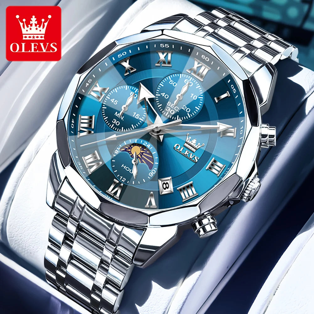 OLEVS 3675 Uhr für Herren, römische Ziffern, luxuriöses Rhombus-Spiegel-Chronograph, Herren-Armbanduhr, Mondphase, Datum, wasserdichte Quarzuhr