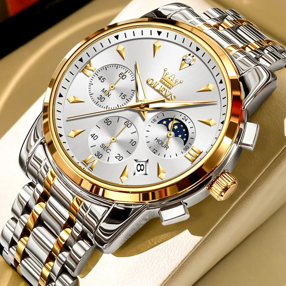 OLEVS 3639 Luxus Herrenuhr Top Marke Mondphase Chronograph Quarzuhr für Herren Automatisches Datum Mode Wasserdicht Herrenuhr