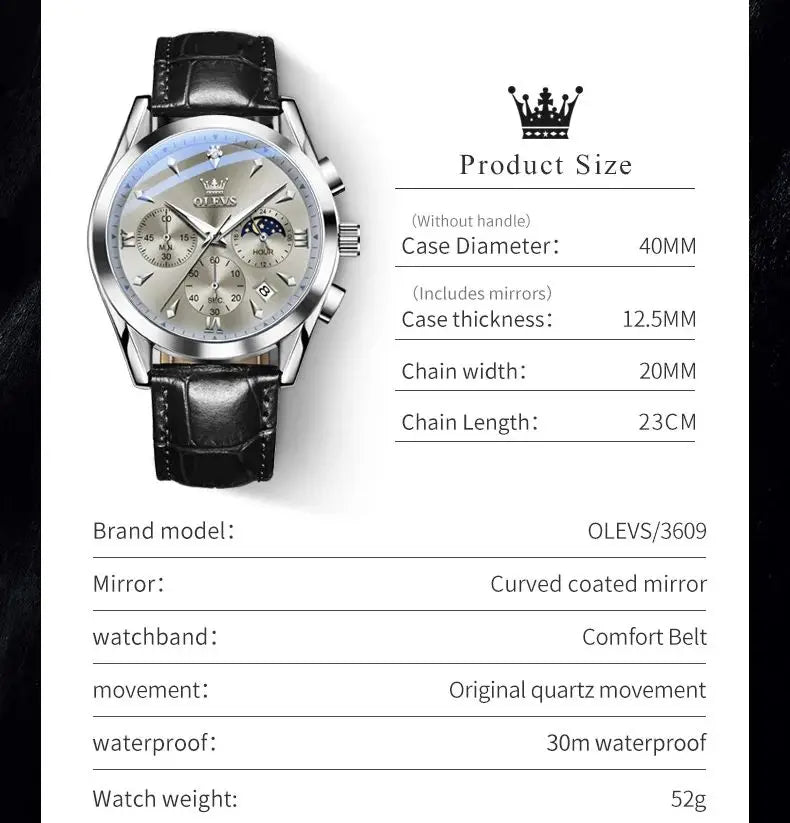 OLEVS 3609 Armbanduhr für Herren, modisch, Kalender, wasserdicht, leuchtend, für Herren, Chronograph, Mondphase, Quarz, Business-Herrenuhren