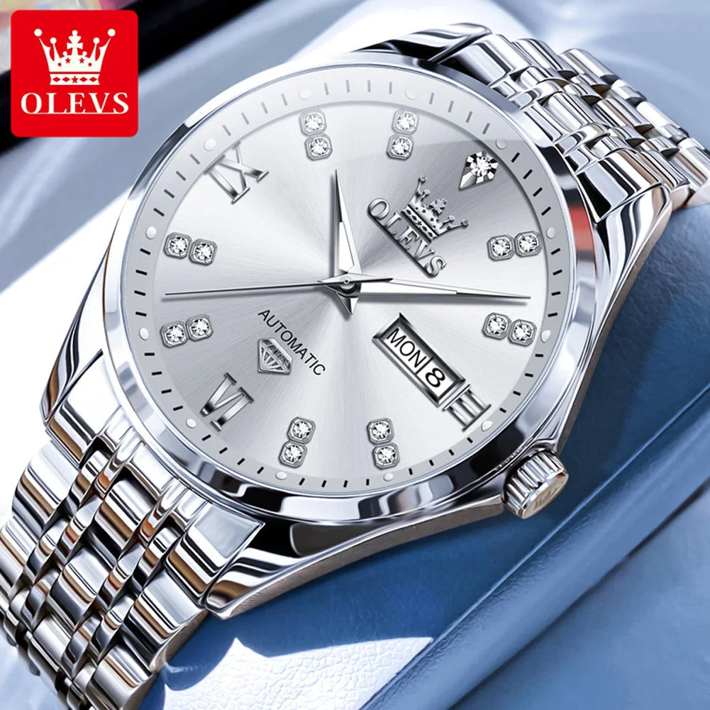 OLEVS 9801 Men Watch Waterproof Dual Calendar Luxury Mechanical Watch For Men Diamond Scale Stainless Steel Automatic Hand Clock