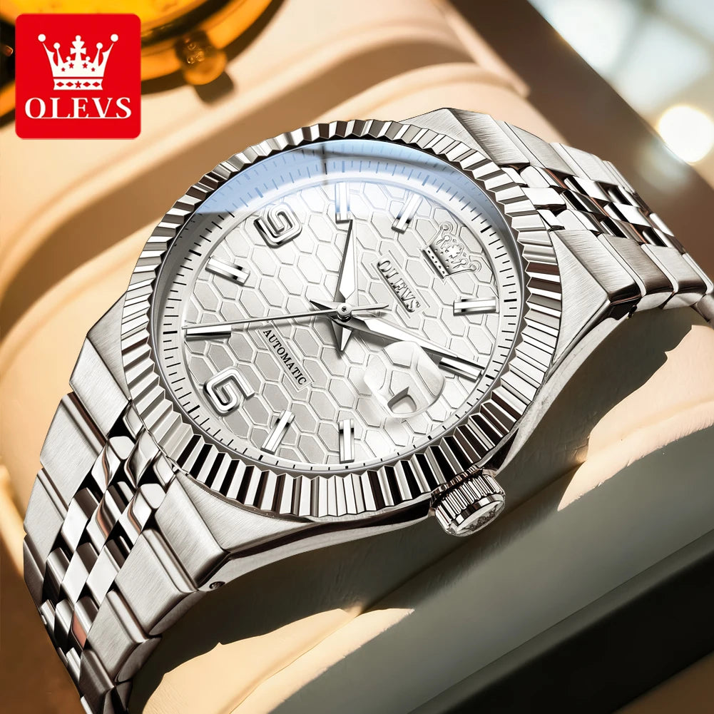 OLEVS 7105 Mens Watch Original Luxury Automatic Mechanical Watches Stainless Steel Waterproof Luminous Date Watches Gifts Box