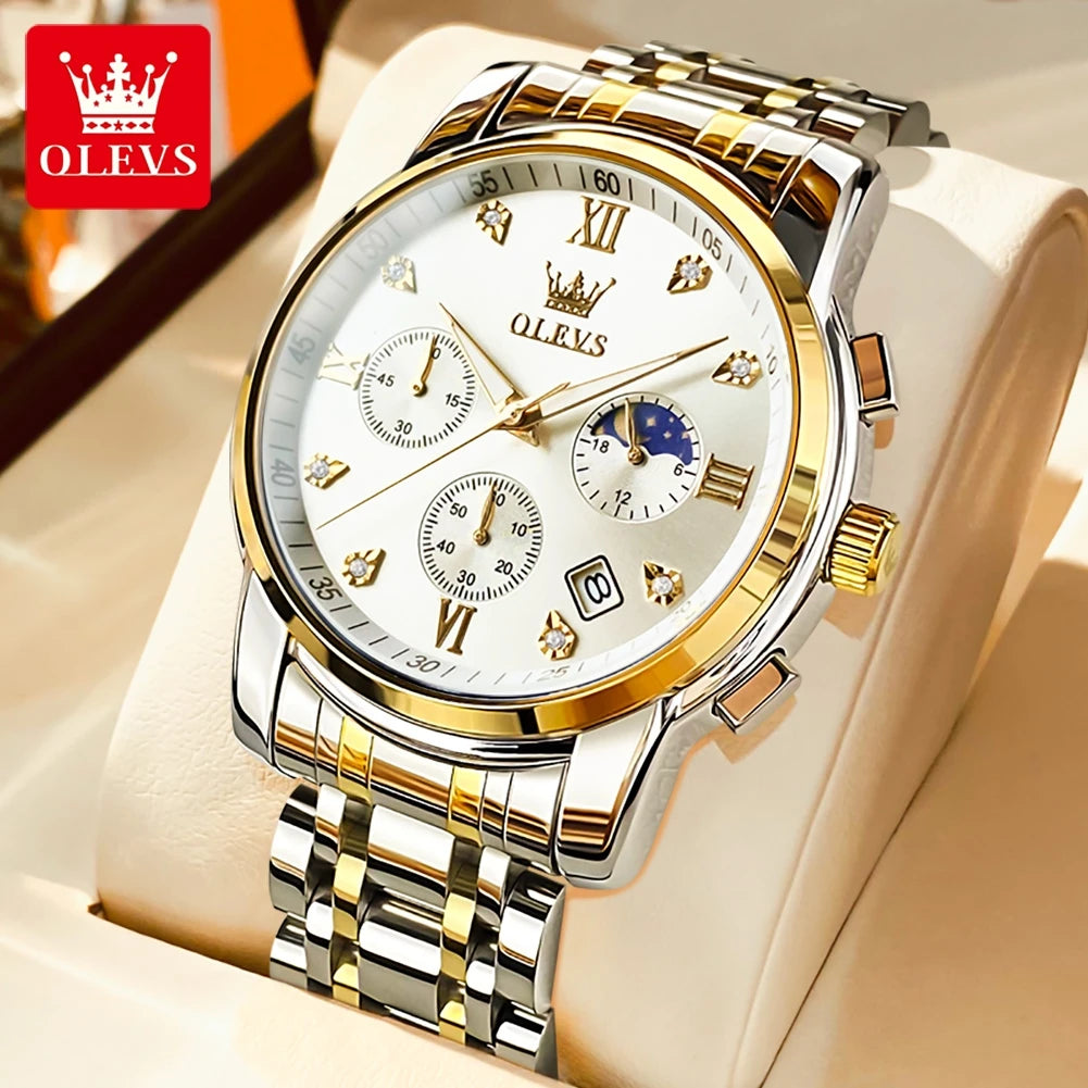 OLEVS 2858 Herrenuhr Diamantzifferblatt Mondphase Quarzuhr für Herren Edelstahl Wasserdicht Top-Marke Luxus Herren-Armbanduhr